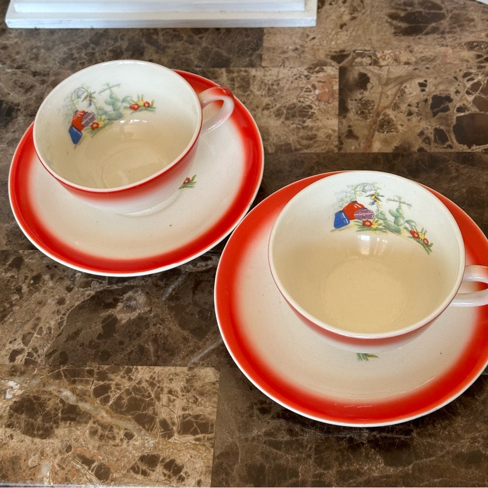 Set Of 2 Vintage Cups And Saucers Royal China Mexicali Red